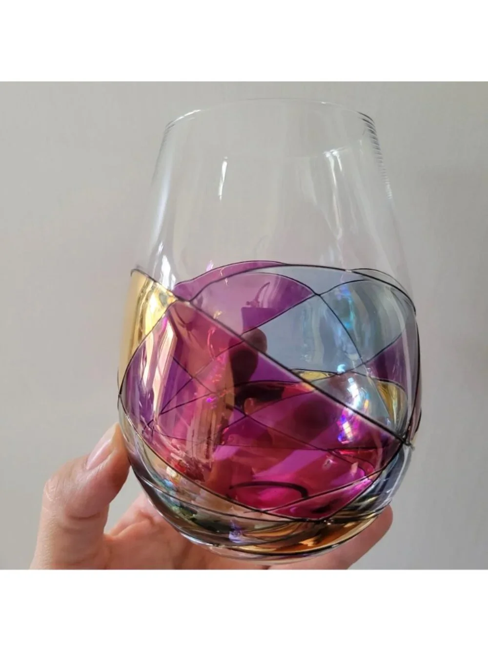 Cornet Barcelona Sagrada Handpainted Stemless Wine Glass Multicolor Geometric